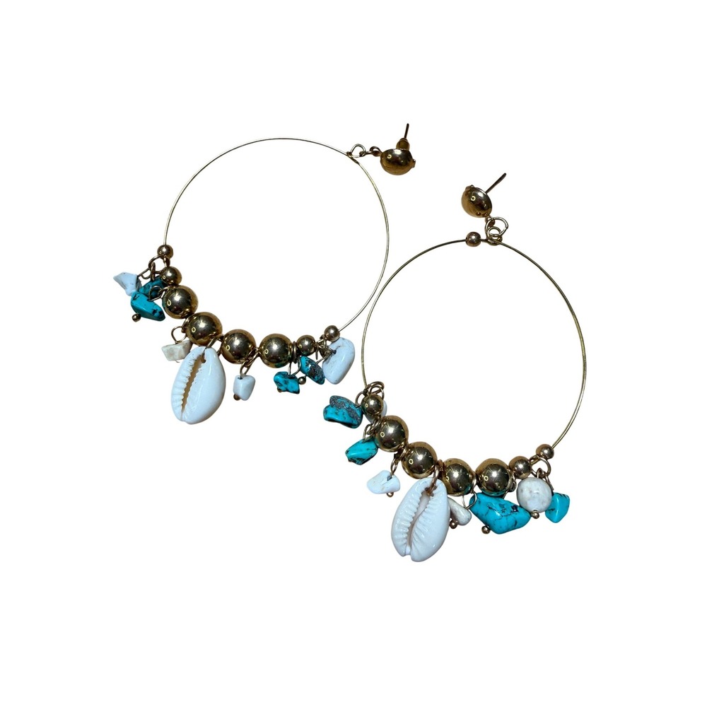 Hoop Earrings Gold Turquoise‎ Shell Bohemian Coastal Beachy Statement